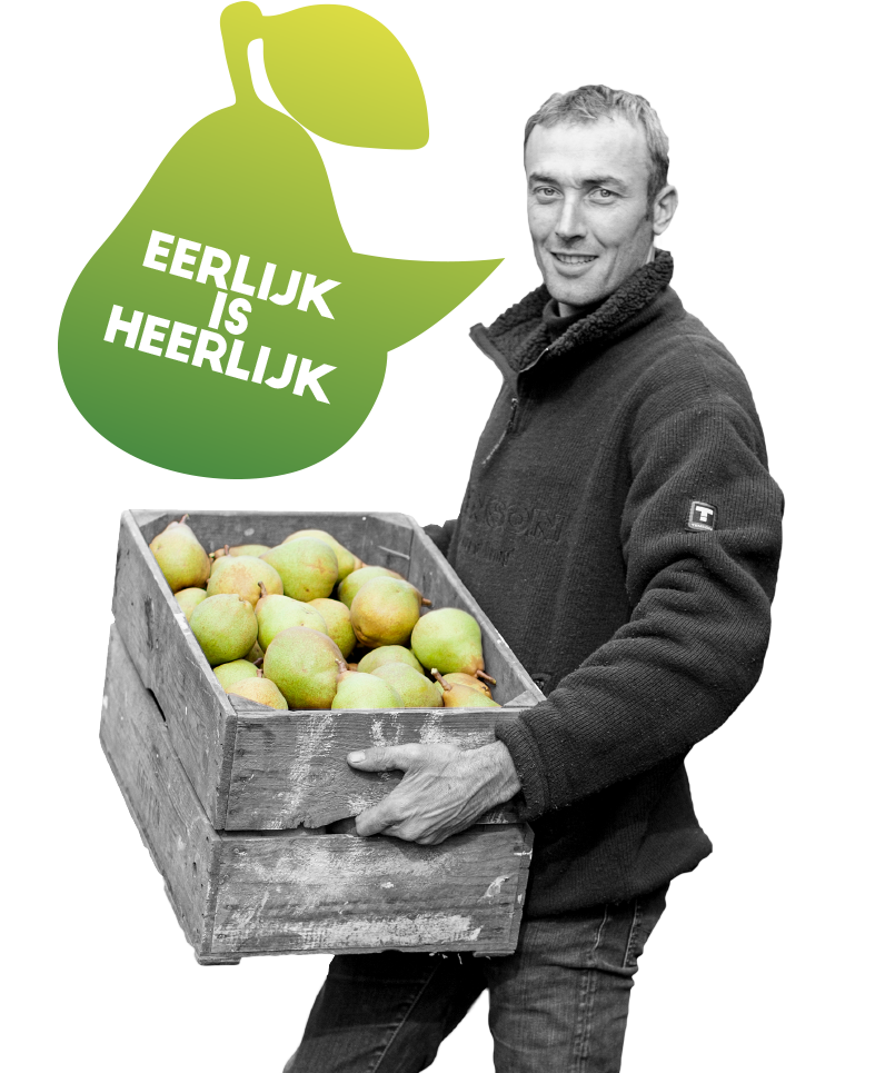 Fruitteler draagt kisten met peren naast de tekst ‘Eerlijk is heerlijk’