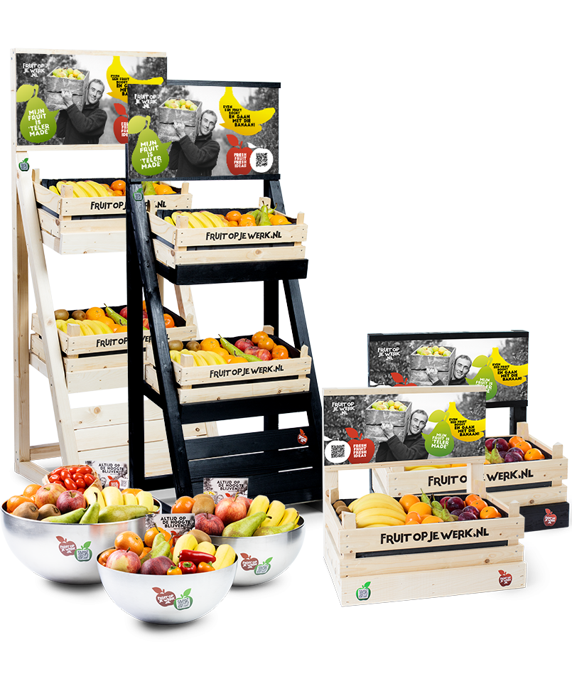 Verschillende fruitkisten, fruitschalen en displays van FRUIT OP JE WERK